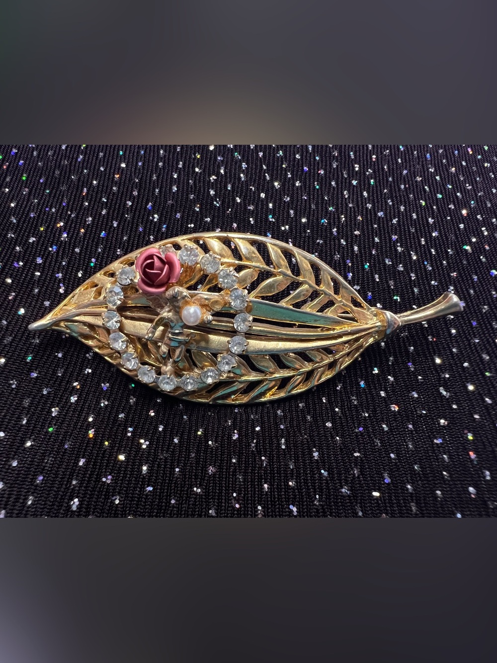 Gold Tone Leaf Floral Brooch with Pink Rose Crystal, Faux Pearl, Cherub Accents